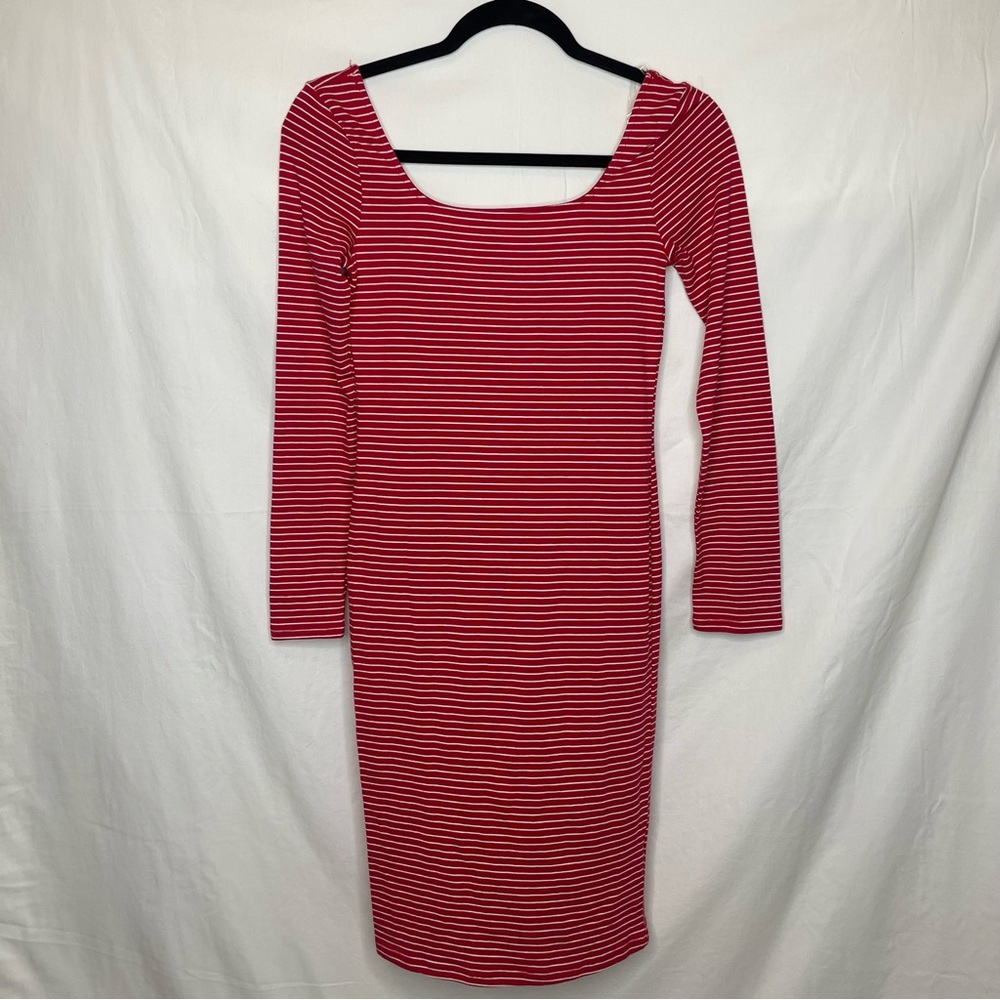 Red & White Pinstripe Long Sleeve Dress